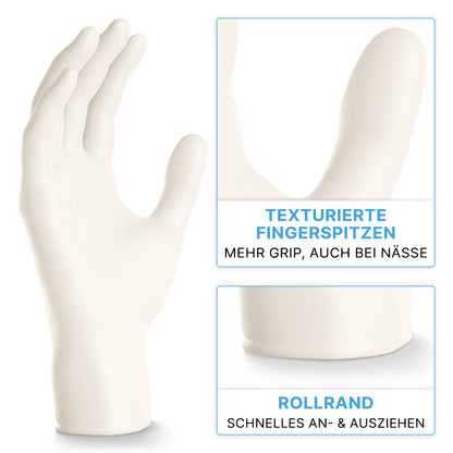 In piedi è raffigurato un guanto in nitrile ARNOMED NITRIL WHITE 200er della ARNOWA GmbH, che grazie alle sue punte delle dita testurizzate e al bordo arrotolato assicura presa e facilità di indossamento - ideale come guanto monouso.