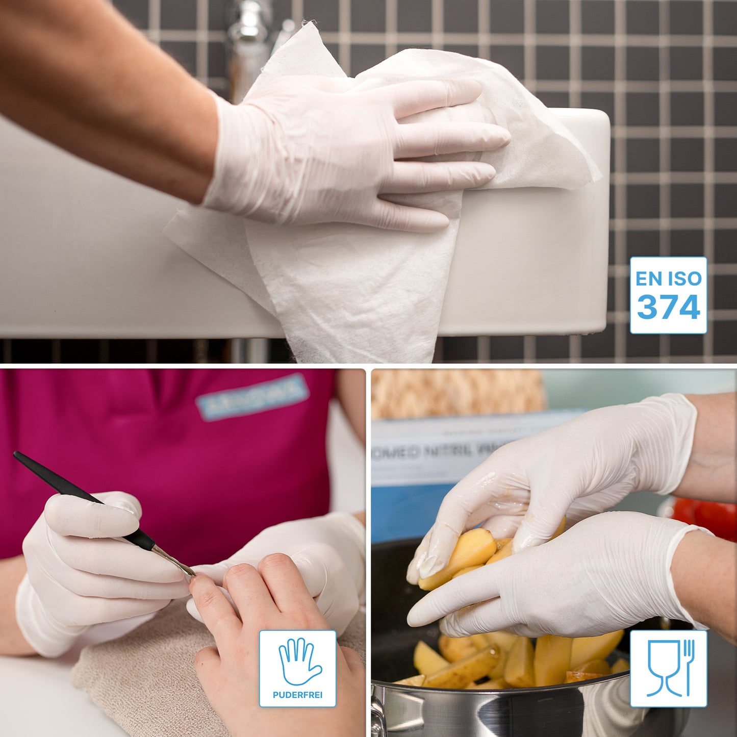 Un collage mostra mani guantate con guanti in nitrile ARNOMED NITRIL WHITE 200er della ARNOWA GmbH mentre puliscono, fanno la manicure e maneggiano alimenti. I simboli EN ISO 374, sicurezza alimentare e SENZA POLVERE caratterizzano questi guanti monouso nel pacchetto da 200 pezzi.