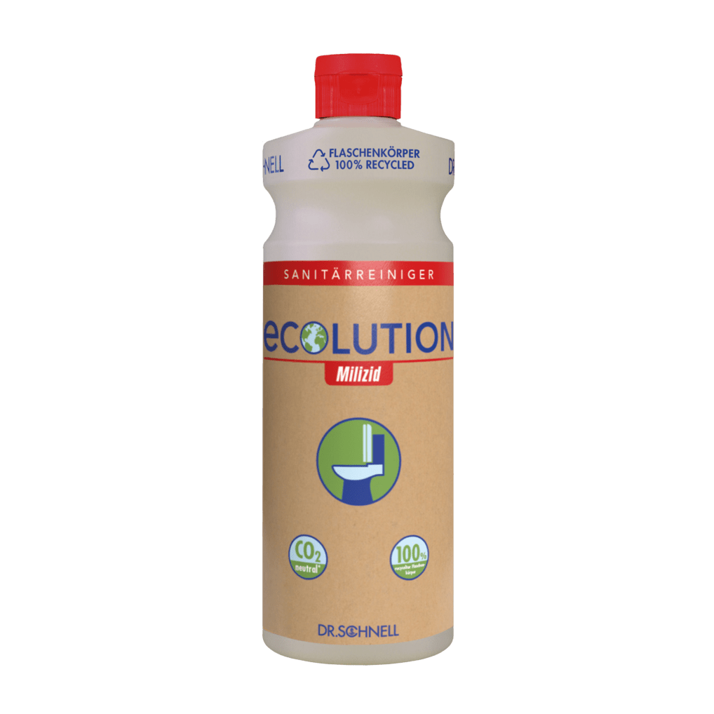 Una Dr. Schnell bottiglia di spruzzatura inclinata ECOLUTION (bottiglia applicativa con tappo rosso, 1 pezzo) della DR.SCHNELL GmbH & Co. KGaA dispone di un'etichetta con materiali riciclati, informazioni sulla riduzione di CO2 e una grafica del bagno sulla parte anteriore.