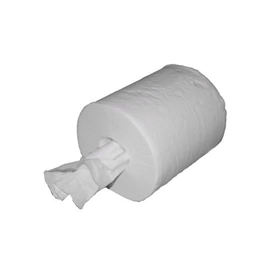 Un grande rotolo di asciugamani Midi di Abena Re-Seller GmbH, 2 veli, 20 cm x 140 m, bianco, con un foglio estratto dal centro, giace orizzontalmente su uno sfondo bianco a tinta unita. La scatola contiene 6 confezioni.