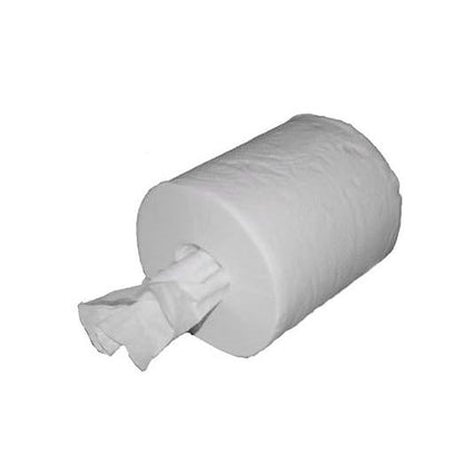 Un grande rotolo di asciugamani Midi di Abena Re-Seller GmbH, 2 veli, 20 cm x 140 m, bianco, con un foglio estratto dal centro, giace orizzontalmente su uno sfondo bianco a tinta unita. La scatola contiene 6 confezioni.