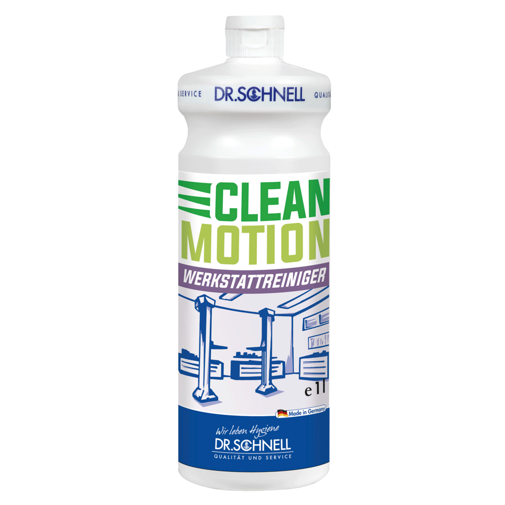 Eine weiße 1L Flasche Dr. Schnell CLEANMOTION WERKSTATTREINIGER von DR.SCHNELL GmbH & Co. KGaA, mit grünem und violettem Text, einer Abbildung einer Autowerkstatt und einem blauen Dr. Schnell-Logo am Boden.