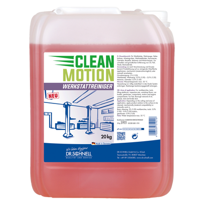 Ein 20 kg Kunststoffbehälter der DR.SCHNELL GmbH & Co. KGaA Dr. Schnell CLEANMOTION WERKSTATTREINIGER mit roter Flüssigkeit und einem Etikett mit Produktangaben, Anweisungen und einer Werkstatt mit Hebebühnen für eine effektive Reinigung.