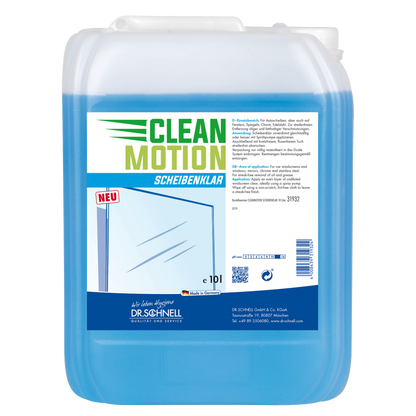 Ein 10-Liter-Kunststoffbehälter von Dr. Schnell CLEANMOTION SCHEIBENKLAR der DR.SCHNELL GmbH & Co. KGaA, mit Produktinfo und einer Windschutzscheibengrafik auf dem Etikett - idealer Glasreiniger für die streifenfreie Reinigung.