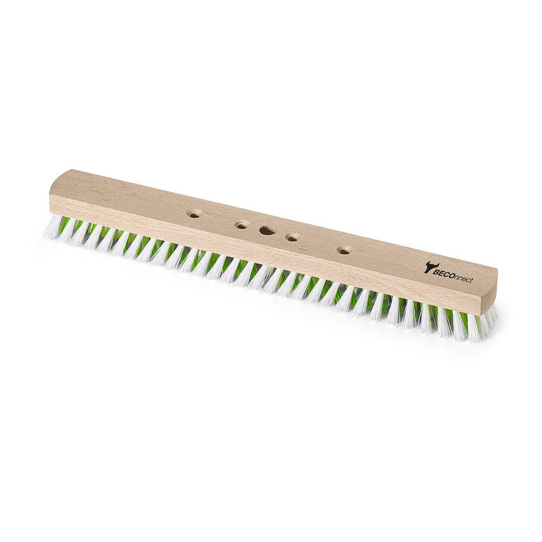 Il Nölle Profi Brush BECOnnect 40 cm Scopone per grandi superfici ha una lunga base in legno con setole in PP bianche e verdi, quattro fori e il logo Nölle Profi Brush nell'angolo in alto a destra. Marca: Nölle Profi Brush Tecnica di spazzole e pennelli e.K.