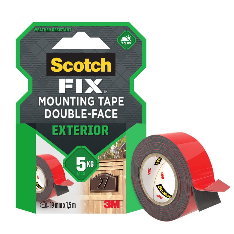Il nastro adesivo per montaggio esterno Scotch-FIX™ 5412-1915-P di 3M Deutschland GmbH, 19 mm x 1,5 m (1 rotolo/confezione), è un nastro resistente alle intemperie che supporta fino a 5 kg ed è ideale per applicazioni esterne.