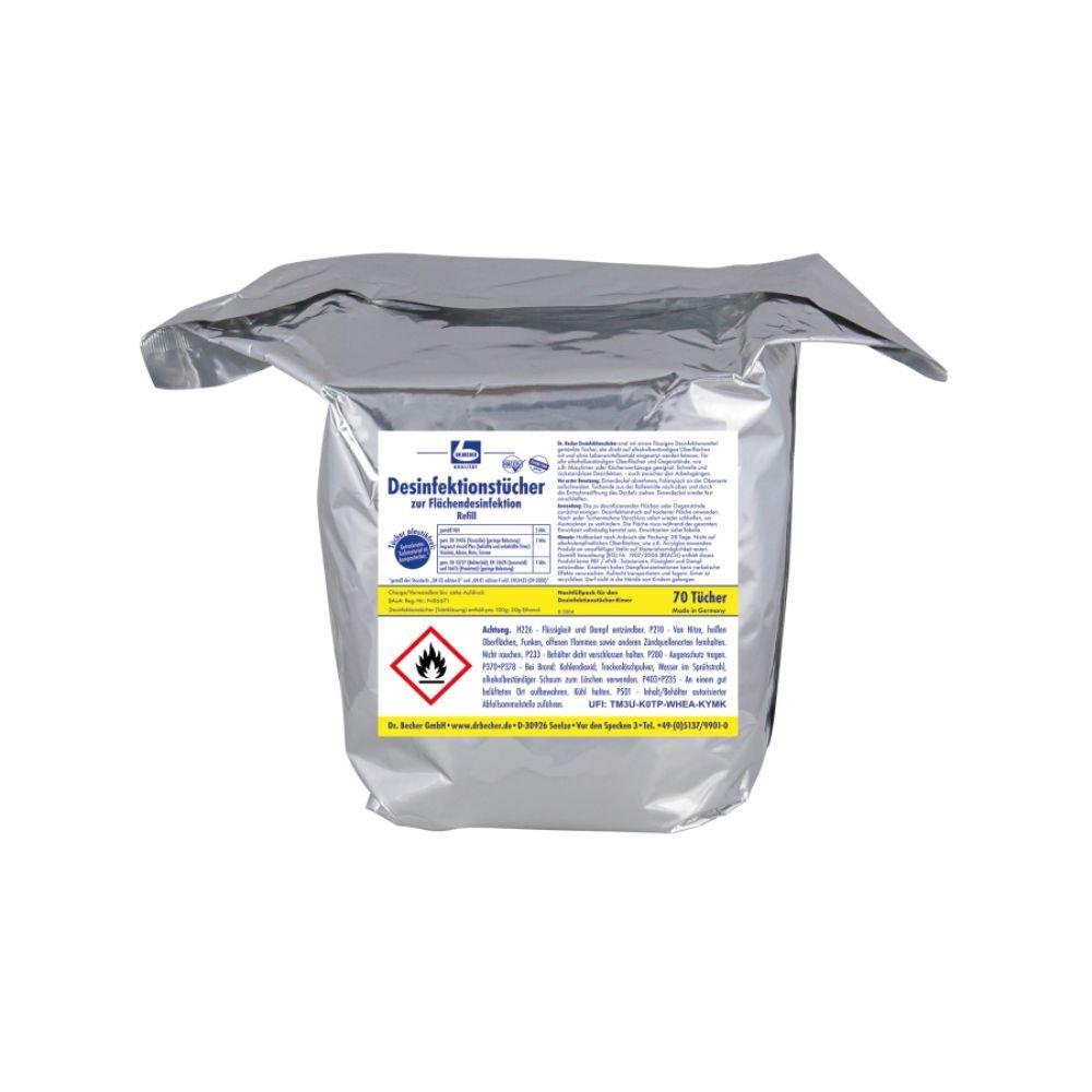 Una confezione argentata con scritte in tedesco e un avviso rosso "Infiammabile" contiene 70 Dr. Becher salviette disinfettanti per la disinfezione delle superfici della Dr. Becher GmbH, perfette per la disinfezione senza residui di superfici resistenti all'alcool.