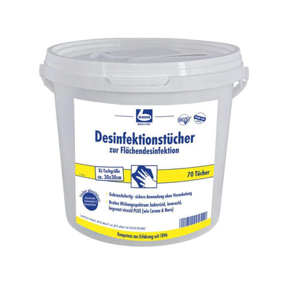 Le Dr. Becher salviette disinfettanti per la disinfezione delle superfici della Dr. Becher GmbH vengono fornite in un contenitore bianco con etichetta blu-gialla che indica la disinfezione senza residui delle superfici. Il contenitore contiene 70 salviette da 30 x 30 cm e dispone di un coperchio pratico e maniglia per il trasporto.