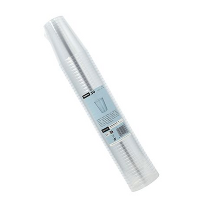 Un pacco di bicchieri Starpak 50, PS cristallino è confezionato in plastica con un'etichetta azzurra su cui sono riportati il marchio Starpak e i dati del prodotto, inclusa la quantità di 50 bicchieri.