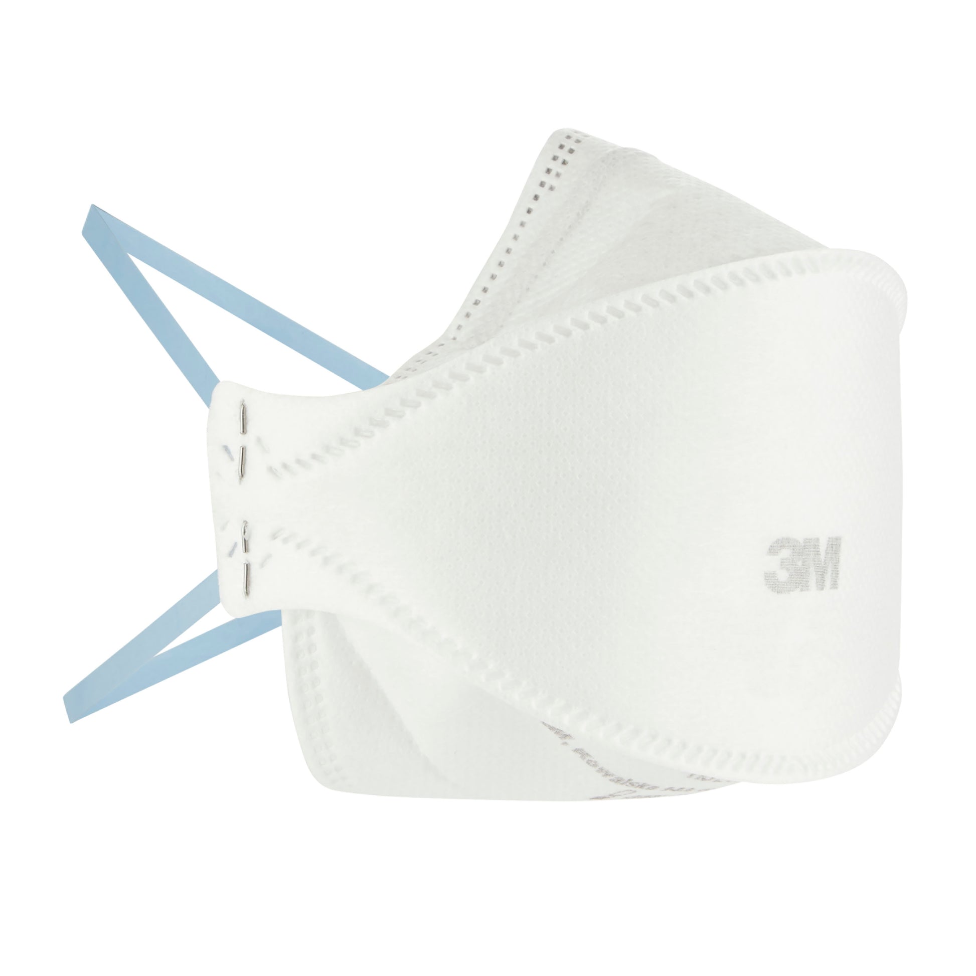 Eine 3M™ Aura™ Komfort-Partikelmaske 9320+ FFP2, ohne Ventil, von 3M Deutschland GmbH ist im Profil vor weißem Hintergrund zu sehen. Die weiße Maske mit blauen Bändern zeigt sichtbare Nähte und ist für Schutzanwendungen konzipiert.