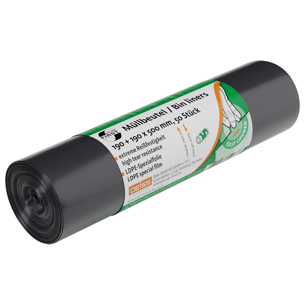 Eine Rolle DEISS 34502 Müllsäcke (50 Stück, grau) der EMIL DEISS KG ist mit einem grün-weißen deutsch/englischen Etikett versehen, das eine Hand beim Ziehen eines Beutels zeigt und die Reißfestigkeit, die LDPE-Spezialfolie und die Eignung für die Abfallentsorgung hervorhebt.