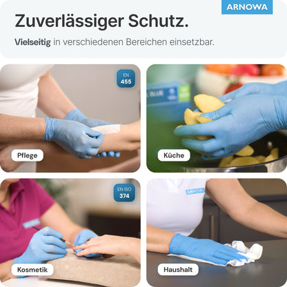 Collage: Vier Fotos zeigen ARNOMED NITRIL BLUE reißfeste Einmalhandschuhe aus Nitril (ARNOWA GmbH) beim Einsatz in Pflege, Küche, Kosmetik & Haushalt. Latex- und puderfrei - für zuverlässigen Schutz.