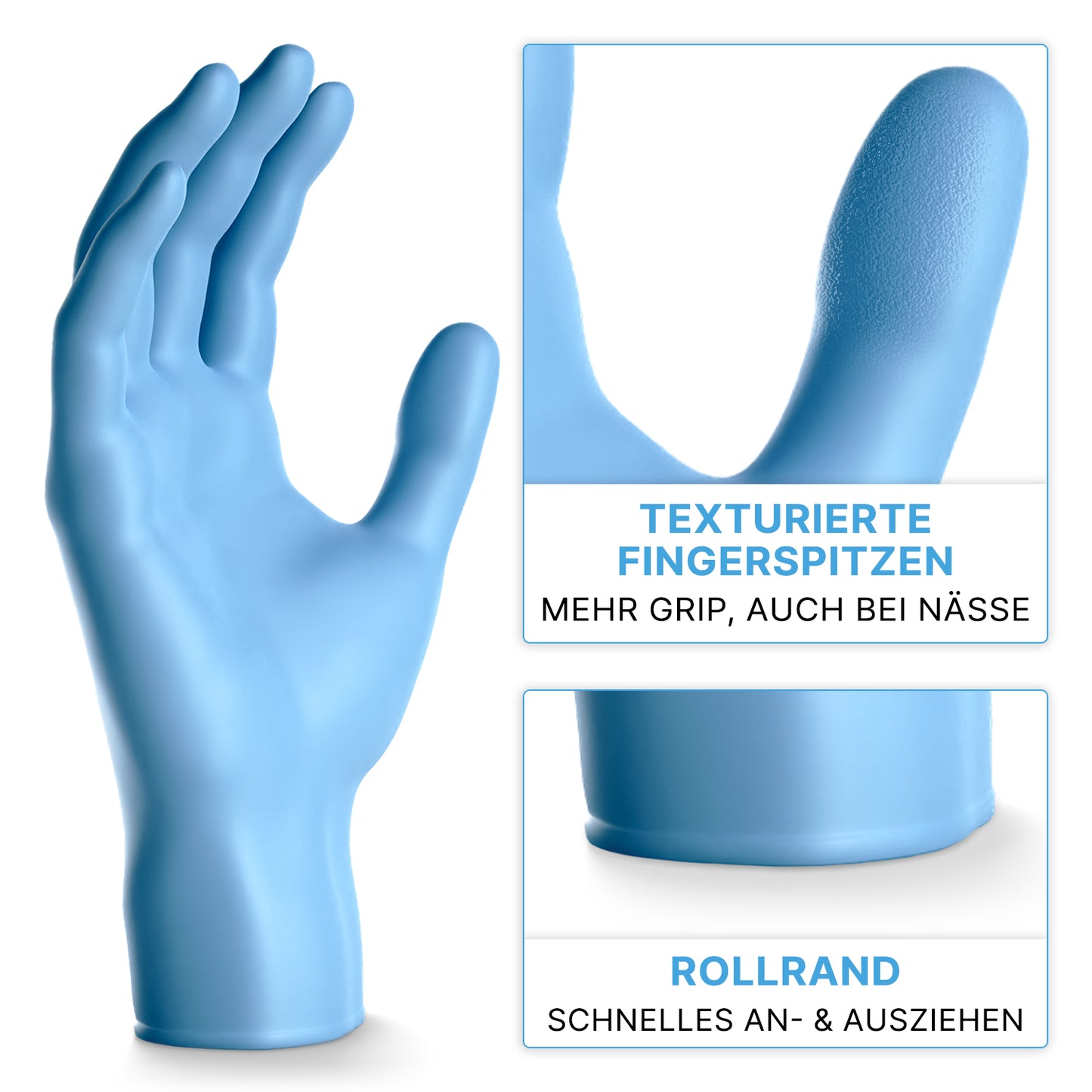 Il guanto monouso ARNOMED NITRIL BLUE XTRA STRONG di ARNOWA GmbH viene mostrato con primi piani delle sue punte delle dita testurizzate per una presa migliore e un bordo arrotolato per un facile inserimento e rimozione. I testi tedeschi spiegano le caratteristiche.