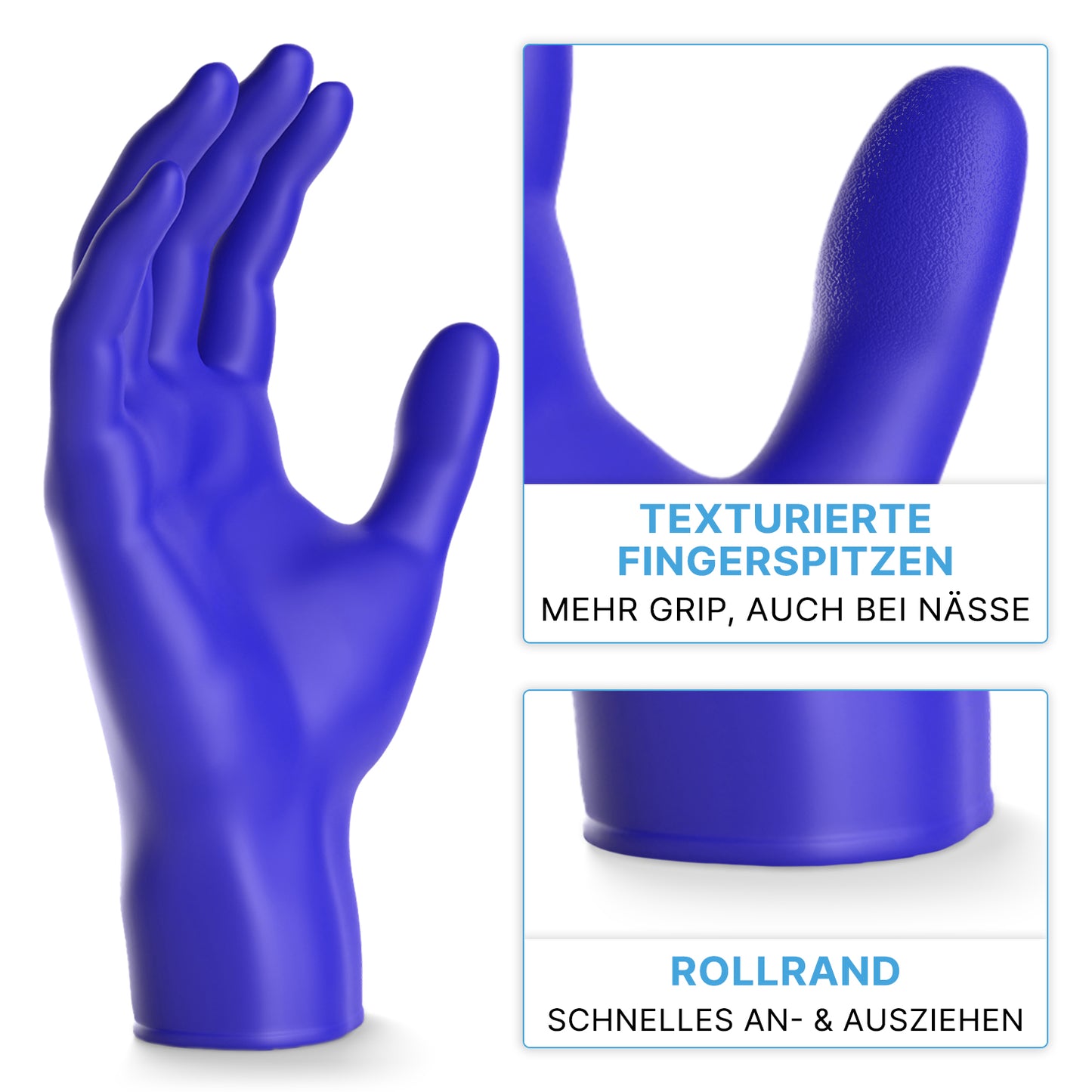 È raffigurato un guanto monouso blu ARNOMED NITRIL XTRA PURE della ARNOWA GmbH, con primi piani delle punte delle dita strutturate e una manichetta arrotolata per una facile maneggevolezza. Il testo tedesco evidenzia la sua qualità in nitrile delicata sulla pelle e priva di acceleratori.