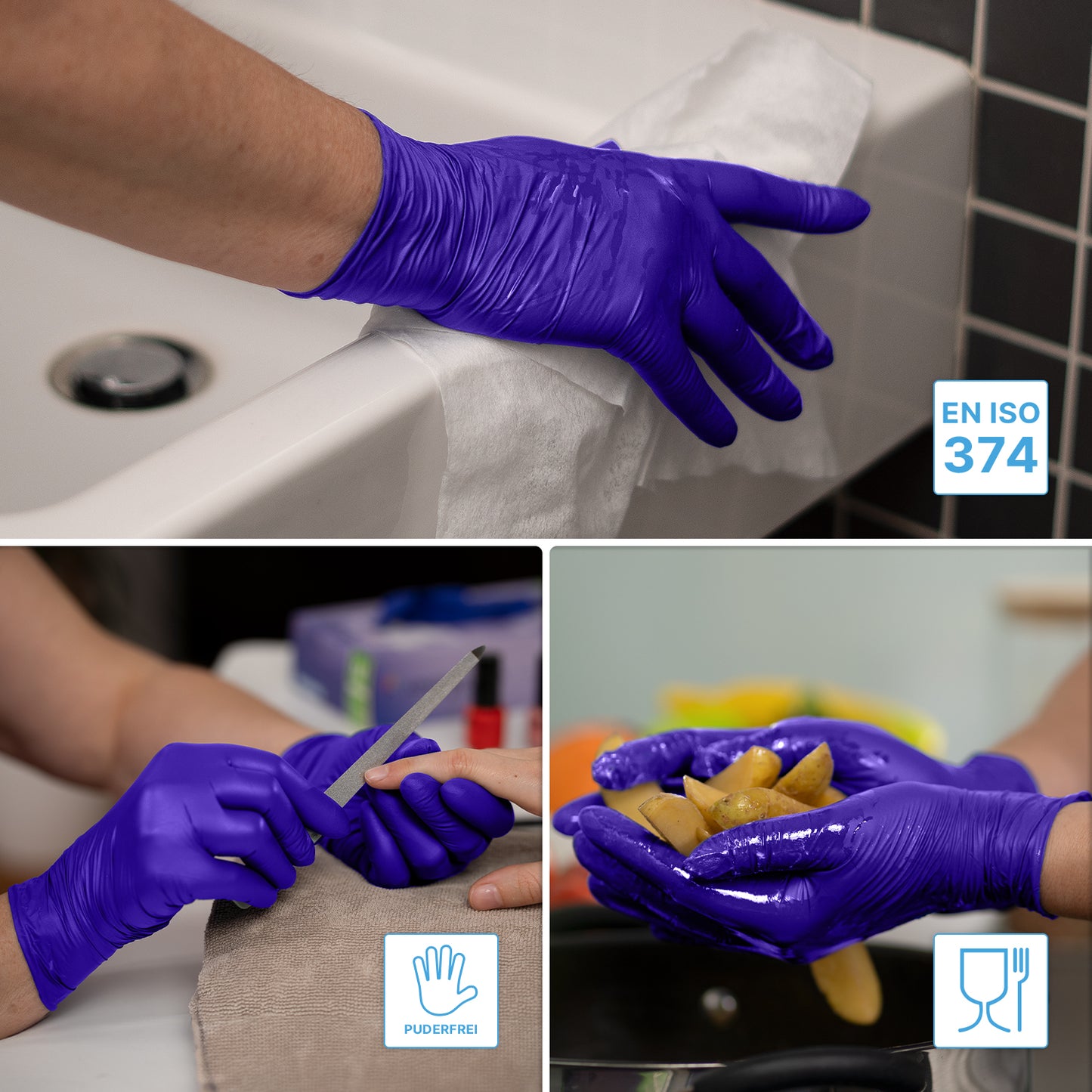 Tre immagini mostrano mani con guanti monouso ARNOMED NITRIL XTRA PURE della ARNOWA GmbH: pulizia, cura delle unghie, lavaggio delle patate. Le icone indicano la sicurezza alimentare e la pelle sensibile - questi guanti in nitrile sono privi di acceleratori e certificati EN ISO 374.