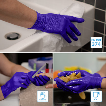 Tre immagini mostrano mani con guanti monouso ARNOMED NITRIL XTRA PURE della ARNOWA GmbH: pulizia, cura delle unghie, lavaggio delle patate. Le icone indicano la sicurezza alimentare e la pelle sensibile - questi guanti in nitrile sono privi di acceleratori e certificati EN ISO 374.