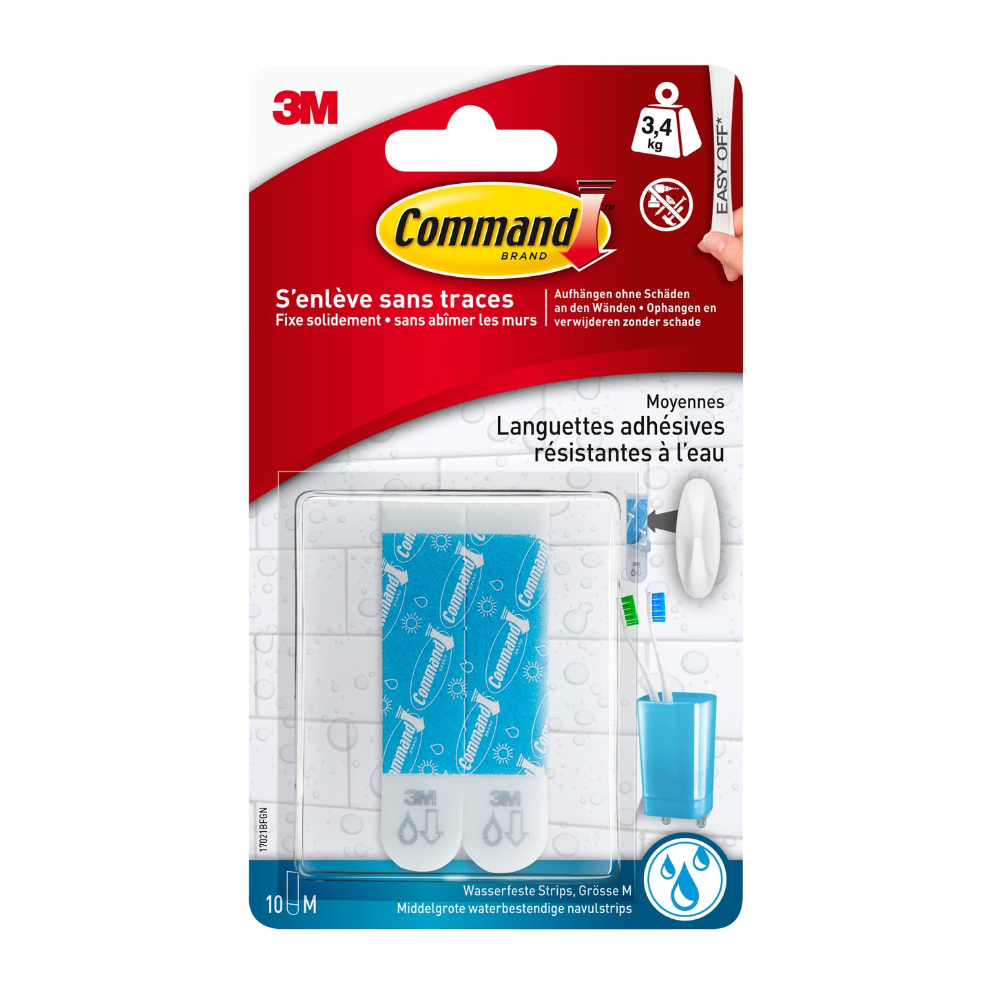 Una confezione con 10 Command™ Strips 17021B, impermeabili, taglia M di 3M Deutschland GmbH viene mostrata come soluzione di fissaggio autoadesiva senza fori per il bagno, con informazioni sul prodotto in francese sulla confezione.