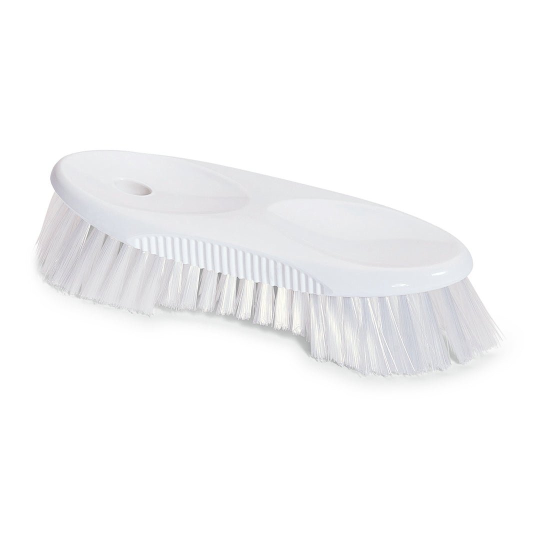 La spazzola per lattine Nölle Profi Brush (19 cm, PP-bianco) di Nölle Profi Brush Bürsten- & Pinseltechnik e.K. ha un manico curvo con impugnature, un foro per appenderla e setole dure. Ideale per la pulizia delle bottiglie; raffigurata su sfondo bianco monocromatico.
