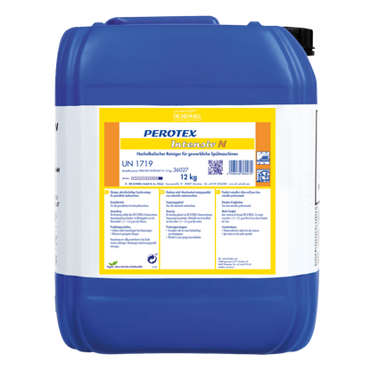 Der Dr. Schnell PEROTEX INTENSIV N von DR.SCHNELL GmbH & Co. KGaA ist ein großer blauer 12-kg-Kunststoff-Geschirrspülreiniger mit schwarzer Kappe, der für den professionellen Einsatz gekennzeichnet und mit Hinweisen und Gefahrensymbolen versehen ist.