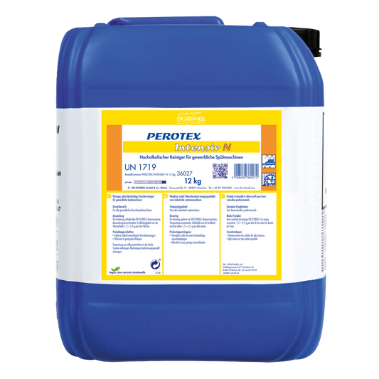 Der Dr. Schnell PEROTEX INTENSIV N von DR.SCHNELL GmbH & Co. KGaA ist ein großer blauer 12-kg-Kunststoff-Geschirrspülreiniger mit schwarzer Kappe, der für den professionellen Einsatz gekennzeichnet und mit Hinweisen und Gefahrensymbolen versehen ist.