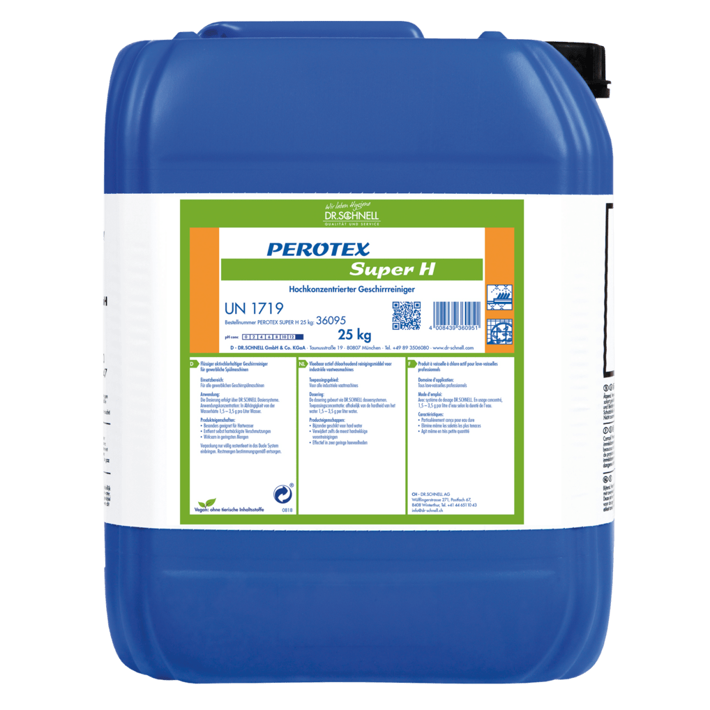 Un grande contenitore di plastica blu con etichetta bianca riporta l'iscrizione "Dr. Schnell PEROTEX SUPER H" di DR.SCHNELL GmbH & Co. KGaA, avvertenze di sicurezza e istruzioni per l'uso. Questo detergente da 25 kg è destinato all'uso professionale.