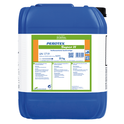 Un grande contenitore di plastica blu con etichetta bianca riporta l'iscrizione "Dr. Schnell PEROTEX SUPER H" di DR.SCHNELL GmbH & Co. KGaA, avvertenze di sicurezza e istruzioni per l'uso. Questo detergente da 25 kg è destinato all'uso professionale.