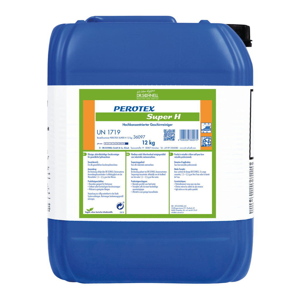 Un contenitore di plastica blu da 12 kg con l'iscrizione "Dr. Schnell PEROTEX SUPER H" della DR.SCHNELL GmbH & Co. KGaA, un detergente ad alte prestazioni per uso professionale, con codici prodotto e istruzioni multilingue sull'etichetta bianco-verde.