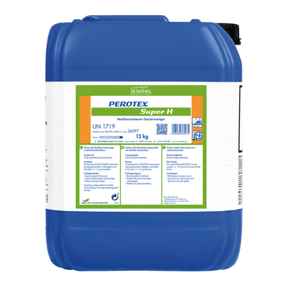 Un contenitore di plastica blu da 12 kg con l'iscrizione "Dr. Schnell PEROTEX SUPER H" della DR.SCHNELL GmbH & Co. KGaA, un detergente ad alte prestazioni per uso professionale, con codici prodotto e istruzioni multilingue sull'etichetta bianco-verde.