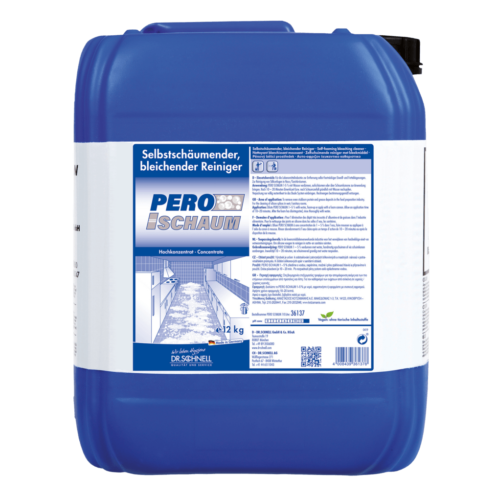 Ein 12 kg Kanister aus blauem Kunststoff von Dr. Schnell PERO SCHAUM, einem selbstschäumenden, bleichenden, chlorierten Oberflächenreiniger der DR.SCHNELL GmbH & Co. KGaA, konzipiert für die effektive Oberflächenreinigung.