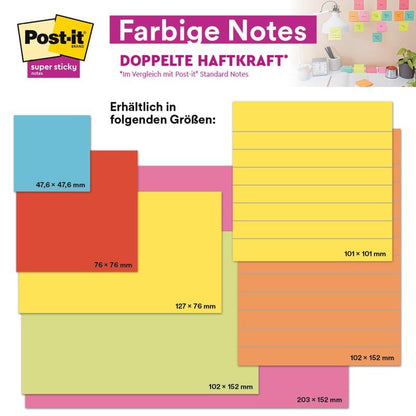 Un display di Post-it® Super Sticky Notes in formato grande, righe, 101 mm x 152 mm, in diversi colori (4 blocchi + 2 gratis/confezione) della 3M Deutschland GmbH, con note colorate su una parete d'ufficio sullo sfondo.