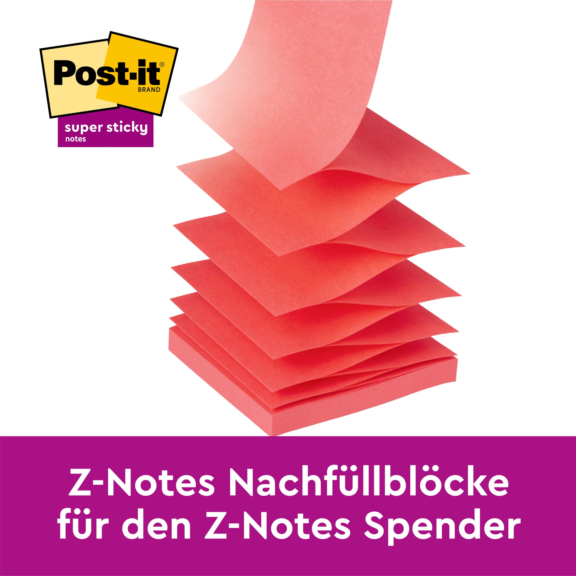 Ein Stapel Post-it® Super Sticky Z-Notes (76x76mm, 90 Blatt/Block, 14+2 Gratis, verschiedene Farben) von 3M Deutschland GmbH ist abgebildet. Die Verpackung trägt das PEFC-Siegel und den Text "Z-Notes Nachfüllblöcke für den Z-Notes Spender.