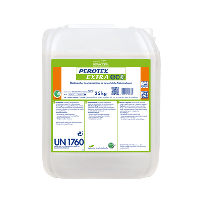 Ein 25 kg durchsichtiger Kunststoffbehälter mit grün-weißem DR.SCHNELL GmbH & Co. KGaA-Etikett für Dr. Schnell PEROTEX EXTRA ECO Geschirrreiniger für gewerbliche Spülmaschinen, mit Produktinformation, Anleitung und Sicherheitssymbolen.