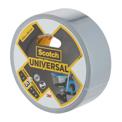 Un rotolo di nastro adesivo Scotch® Universal 2904 della 3M Deutschland GmbH di dimensioni 50 m x 48 mm con un imballaggio che indica il marchio, la classe di resistenza e immagini di possibili applicazioni.