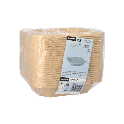 Una pila di 25 Starpak Lunchboxen, cartone rettangolare, è avvolta in plastica trasparente e ha un'etichetta sul davanti con dettagli del prodotto e un'immagine di un singolo contenitore.