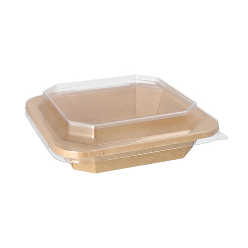 Le Starpak 25 Lunchboxen in cartone marrone, rettangolare con angoli leggermente arrotondati e coperchio in plastica trasparente, sono su un semplice sfondo bianco.