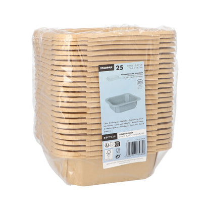 Una confezione di 25 lunchbox rettangolari marroni di Starpak in cartone, avvolta in pellicola di plastica, con un'etichetta sul davanti che mostra il marchio Starpak e le informazioni sul prodotto. Perfetto come lunchbox ecologico per qualsiasi evento.