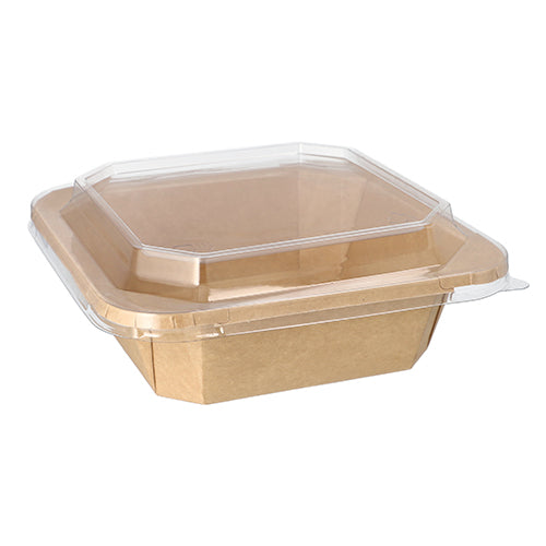 Le Starpak 25 Lunchboxen in cartone marrone, rettangolare ed ecologico, con coperchio trasparente di Starpak, sono chiuse e vuote su sfondo bianco.