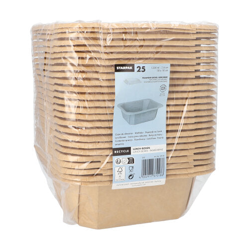 Abgebildet ist ein in Plastikfolie eingewickelter Stapel Starpak 25 Lunchboxen, Pappe eckig. Auf der Vorderseite befindet sich ein weißes Etikett mit der Marke Starpak, Produktdetails, Barcode, Recyclingsymbolen und dem Bild einer geöffneten Box.