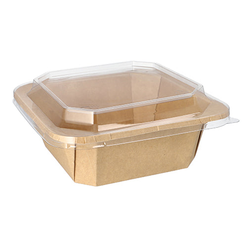 Le Starpak 25 Lunchboxen in cartone marrone ecologico con coperchio in plastica trasparente sono presentate qui vuote, chiuse e su sfondo bianco.