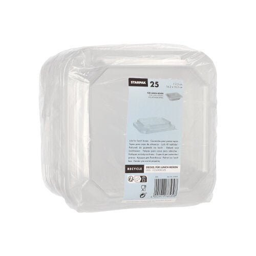Una confezione di 25 coperchi quadrati trasparenti in PET per lunchbox di Starpak è avvolta in plastica e presenta sul davanti un'etichetta blu e bianca con il marchio Starpak, la quantità (25) e informazioni sul riciclaggio.