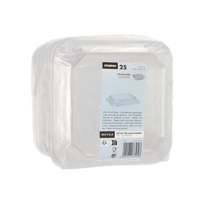 Una confezione di 25 coperchi quadrati trasparenti in PET per lunchbox di Starpak è avvolta in plastica e presenta sul davanti un'etichetta blu e bianca con il marchio Starpak, la quantità (25) e informazioni sul riciclaggio.