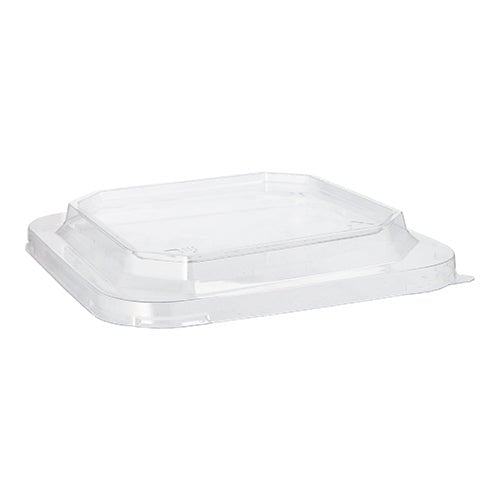 Il coperchio Starpak 25 per lunchbox in PET rettangolare trasparente, un coperchio rettangolare trasparente con centro rialzato e lati angolati di Starpak, è mostrato su uno sfondo bianco.