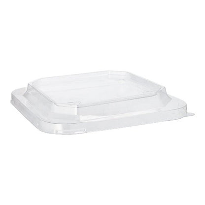 Il coperchio Starpak 25 per lunchbox in PET rettangolare trasparente, un coperchio rettangolare trasparente con centro rialzato e lati angolati di Starpak, è mostrato su uno sfondo bianco.