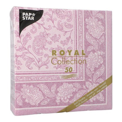 Una confezione da 50 PAPSTAR tovaglioli della ROYAL Collection di PAPSTAR GmbH, piega 1/4, 40 x 40 cm in lilla, con eleganti motivi floreali e paisley visibili attraverso la confezione trasparente.