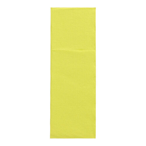 Un singolo tovagliolo rettangolare giallo della PAPSTAR 50 tovaglioli "DAILY Collection" (48 x 30 cm, piega per posate) della PAPSTAR GmbH è raffigurato verticalmente su uno sfondo bianco e appare liscio con una leggera piega superiore.