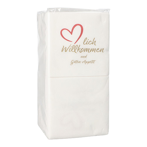 Eine Packung PAPSTAR 125 Servietten, 2-lagig „PUNTO“, 1/4-Falz (20x20 cm, mikrogeprägt) der PAPSTAR GmbH – verziert mit einem roten Herz und der Aufschrift „lich Willkommen und Guten Appetit“, perfekt für besondere Anlässe.