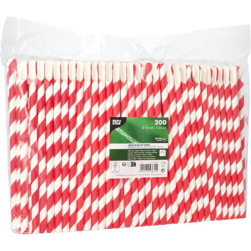 In una confezione di plastica trasparente ci sono 200 PAPSTAR cannucce con cucchiaio, rosso/bianco "Stripes", 23 cm, Ø10 mm, ordinatamente affiancate. Sul davanti c'è un'etichetta verde-bianca della PAPSTAR GmbH con le informazioni sul prodotto.
