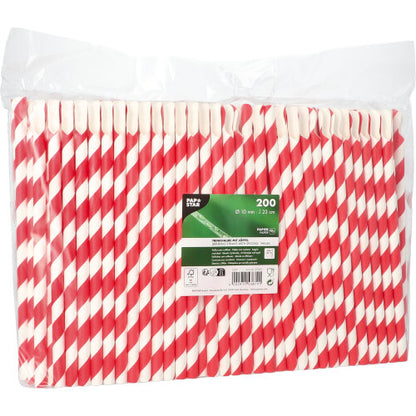 In una confezione di plastica trasparente ci sono 200 PAPSTAR cannucce con cucchiaio, rosso/bianco "Stripes", 23 cm, Ø10 mm, ordinatamente affiancate. Sul davanti c'è un'etichetta verde-bianca della PAPSTAR GmbH con le informazioni sul prodotto.