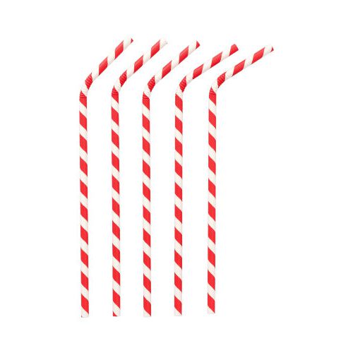 Cinque PAPSTAR cannucce di carta rosso/bianco "Stripes", flessibili, 22 cm (PAPSTAR GmbH) sono disposte una accanto all'altra su sfondo bianco, ogni cannuccia ecologica è piegata in alto con lo stesso angolo.