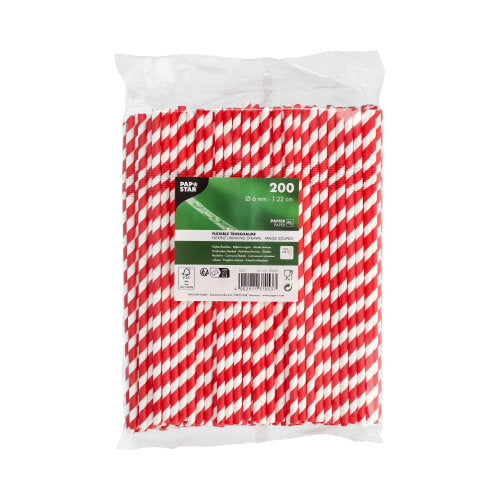 Un sacchetto di plastica trasparente contiene 200 PAPSTAR cannucce di carta rosso/bianco "Stripes", flessibili, 22 cm. L'etichetta della PAPSTAR GmbH mostra le dimensioni e il materiale di carta ecologico su sfondo bianco.